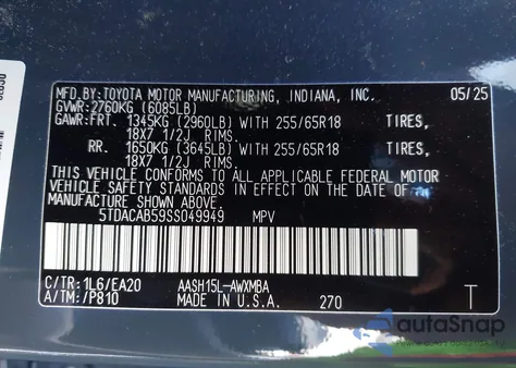 2025 Toyota Grand Highlander Hybrid Xle из США, поврежденный, VIN 5TDACAB59SS049949